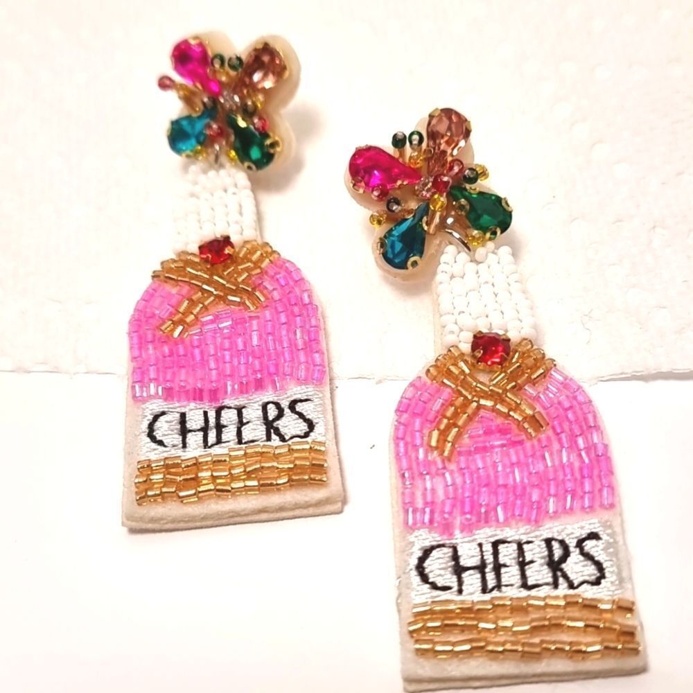 CHEERS! Champagne bottle beaded rhinestone earrings